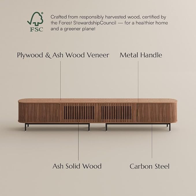 POVISON Fully-Assembled Sliding Tambour Door TV Stand, Mid Century Modern TV - Image 6