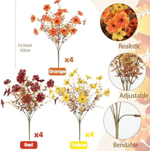ATTGREAT Artificial Fall Flowers Outdoors UV Resistant Fake Mums Bulk Outside Faux Mums Plants Decorations for Home Garden Porch Hanging Planter Autumn Decor, 12 Bundles (Mix Orange Yellow Fall Red) - Image 2