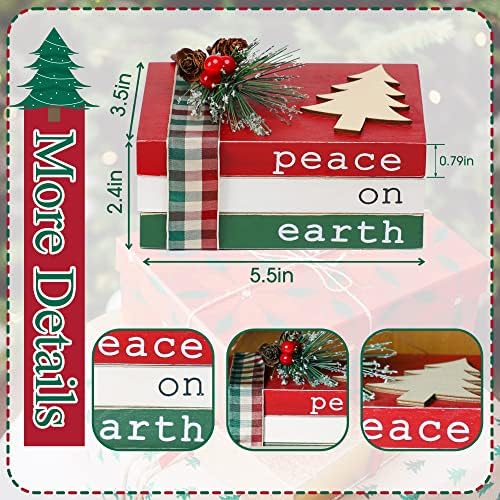 Christmas Wood Book Stack, Christmas Tiered Tray Decor, Peace on Earth Mini Faux Decorative Books with Pine Berry, Farmhouse Book Decor for Home Table Mantle Shelf - Image 3