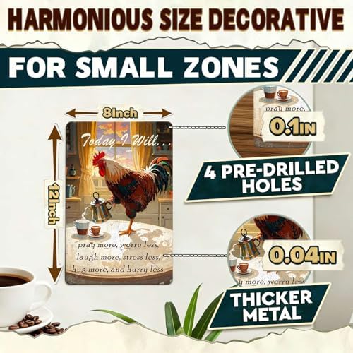 Rooster Tin Metal Signs Country Kitchen Wall Art Decor Chicken Sign Farmhouse Decor Today I Will Pry More Worry Less Metal Sign Funny Chicken Coop Accessories Home Garden Farm Yard 12x8 Inch - Image 2