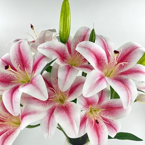 12 Artificial Lily Flowers with 9 Heads Full Bloom Lily & 3 Buds, Long Stem Artificial Stargazer Lilies, Faux Tiger Bouquets for Home Hotel Office Party Decor Table Centerpieces（Light Pink） - Image 2