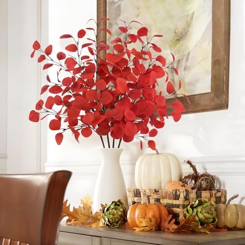 16Pcs Artificial Eucalyptus Leaves Stems 33.8‘’ Eucalyptus Plants Branches Greenery for Home Fireplace Farmhouse Party Wedding Table Bathroom Christmas Décor Red - Image 2