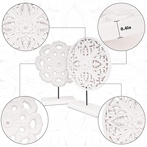 AXEARTE 2 Pack Wooden Carved Cutout Flower Medallion Sculpture, Rustic Distressed White MDF Statues Home Tabletop Decor, Decorative Ornaments for Living Room, Bedroom, Office Desktop, Cabinets - Image 3