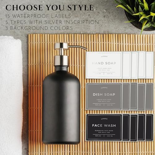 Glass Soap Dispenser Set of 2 (Black) with Silicone Tray | Hand and Dish Soap Dispenser for Kitchen and Bathroom | 16.8 Oz Glass Bottles with Stainless Steel Pump & 15 Waterproof Labels (Black/Silver) - Image 5
