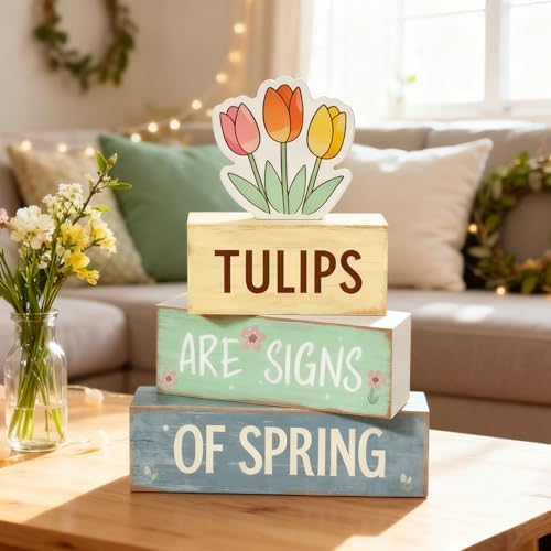 Spring Decoration Wooden Tiered Tray Decor – Tulips Spring Stacked Block Sign with Floral Accent – Farmhouse Tabletop Spring Decor for Shelf Mantel Seasonal Home Display - Image 2