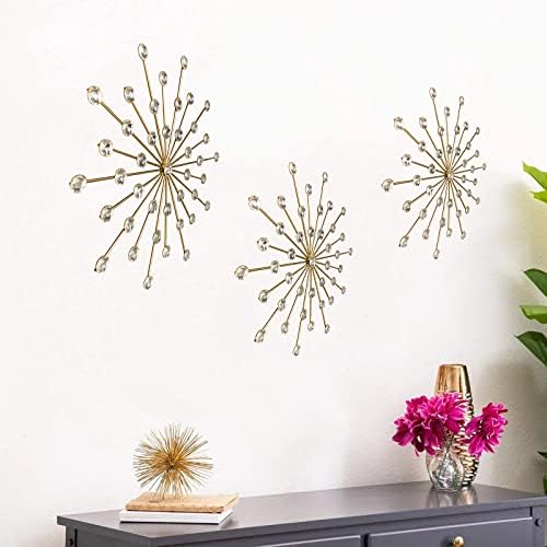 ZEXUIRU 3 Set Gold Starburst Wall Art for Home Decor Metal Bling Crystal Rhinestones Sunburst Wall Decor Sparkling Rhinestone Art Accent Gold - 13in - Image 5