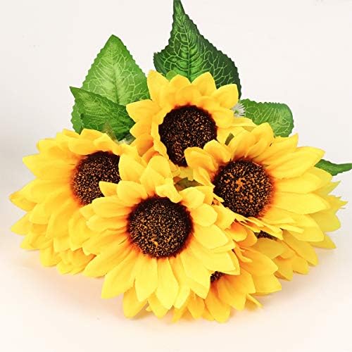 Mocoosy 4 Bunches Artificial Sunflower Bouquets, Fake Sunflowers with Stems, Silk Wildflowers Realistic Yellow Faux Sun Flowers for Wedding Decorations Fall Floral Arrangements Home Garden Table Decor - Image 3