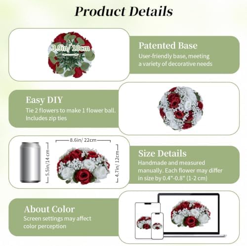 BLOSMON Fake Flowers Ball Wedding Centerpieces 2 Pcs Crimson Rose Babys Breath Artificial Flowers Center Pieces Decoration for Table Silk Kissing Floral Bouquet Arrangements for Home Party DIY Decor - Image 5