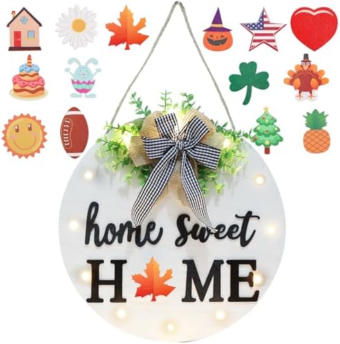 Interchangeable Welcome Sign for Front Door with 14 Changeable Icons, Farmhouse Front Porch Decor Rustic Wooden Wall Sign with 12 LED Lights, Outdoor Seasonal Welcome Home Decorations (White1) by HOME