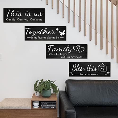 Joyhawk 4 Pieces Home Wall Decor Signs, THIS IS US/TOGETHER/BLESS THIS HOME/FAMILY Wall Decor For Living Room Bedroom, Rustic Wooden Farmhouse Wall Art Decor, 4.7 x 13.8 Inch(Black) - Image 4