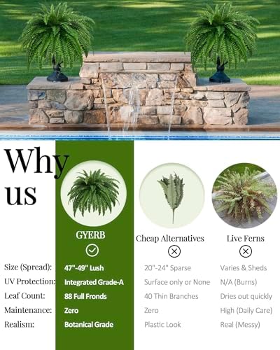 GYERB 47" Large Artificial Boston Fern Plants for Outdoor Indoor, Fake Ferns for Front Porch Hanging, Faux Greenery Bushes for Home Garden Office Decor, Silk Fern with Realistic Fronds, 88 Branches - Image 5