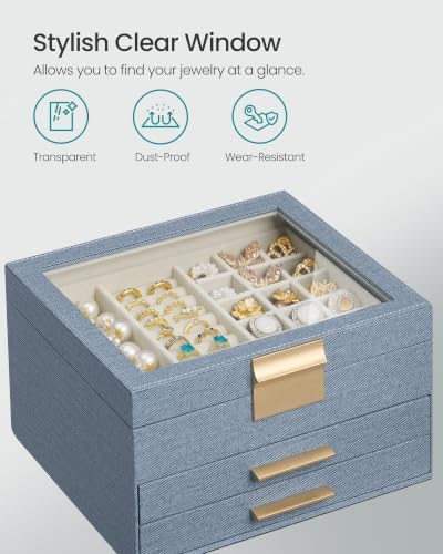 SONGMICS Jewelry Box with Glass Lid, 3-Layer, 2 Drawers - Image 4
