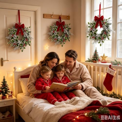 6 Pack Mini Christmas Hanging Wreaths Small Artificial Frosted Pine Cedar Wreaths with Red Berries Variegated Holly Leaves Faux Snowy Evergreen Wreath for Cabinets Front Door Window Porch Xmas Holiday - Image 6