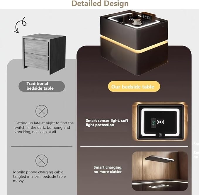 Smart Nightstand with Wireless Charging, LED Nightstand, Night Table Bedside - Image 6