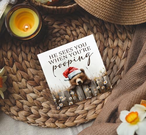 Christmas Bear Home Bathroom Decor Sign - Farmhouse Western Christmas Animal Bathroom Decor,Rustic Farm Animal He Sees You When You're Pooping Signs,Bear Gifts for Women - Image 4