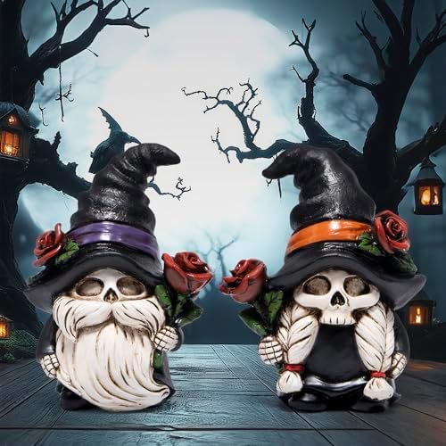 Hodao Halloween Gnomes Decor Indoor Skull Figurines with Witch Hats 2 Pcs - Image 6