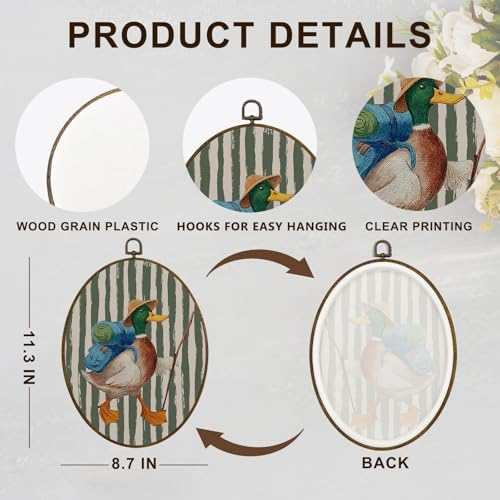 dvhdajed Vintage Backpacking Mallard Duck Oval Wall Art Decor, Mallard Duck Camping Green Striped Framed Canvas Art, Rustic Wall Hanging Decor for Boys Room Bedroom, Farm Animal Decorations,8.7x11.3 - Image 7