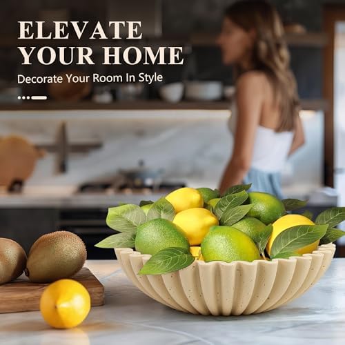 YMXYJM Large Decorative Bowl, Modern Handicraft Bowls for Home Decor, Decorative Fruit Bowl for Kitchen Counter, Ruffle Decor, Stylish Key Bowl for Entry Table, Artificial Travertine Beige - Image 5