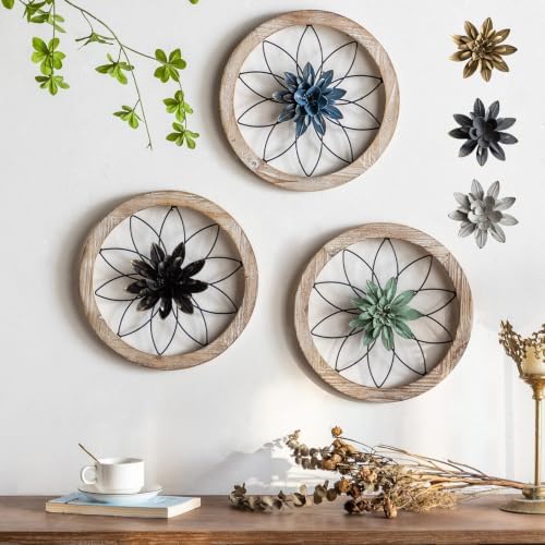 Paquesta 3 Piece Round Farmhouse Wall Decor with 6 Piece Interchangeable Flowers 12'' Medallion Wood & Metal Rustic Wall Art for Living Room Bedroom Kitchen Bathroom Dining Room Home Decorations by Paquesta