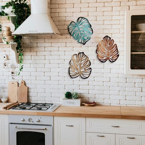 Palm Leaves Wood Wall Decor , 3Pcs Tropical Wall Art Jungle Decor, Wooden Natural Leaves Plant Wall Decor, Vintage Tropical Plant Plaque for Home Living Room Kitchen Bedroom Bathroom & Garden, Blue&Brown - Image 3