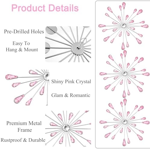 DXYAKY Set of 3 Pink Metal Starburst Wall Art Decor, Rhinestone Crystal Home Decor Accents, 11.8 Inch Decorative Wall Hanging Diamond, Jeweled Sparkle Wall Sculptures for Living Room Bedroom - Image 5