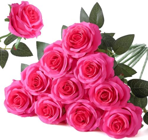 Nubry Artificial Silk Roses, 10pcs Lifelike Hot Pink Fake Rose by Nubry