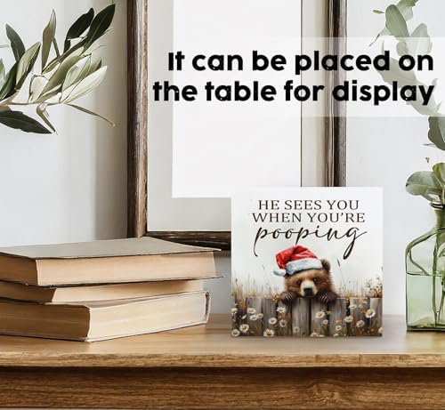 Christmas Bear Home Bathroom Decor Sign - Farmhouse Western Christmas Animal Bathroom Decor,Rustic Farm Animal He Sees You When You're Pooping Signs,Bear Gifts for Women - Image 3