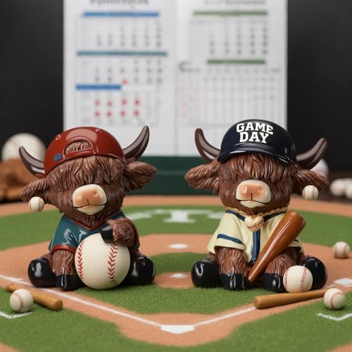 Wesiti 2 Pcs Baseball Highland Cow Figurines, Resin Statue with Bat Ball - Image 2