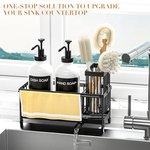 Kitchen Soap Dispenser Set with Sponge Holder and Towel Rack, 17OZ Glass Bottle, Hand and Dish Soap Dispenser Set, Non-Slip Silicone Pad, Brush Holder, Kitchen Sink Caddy Organizer Countertop (White) - Image 5