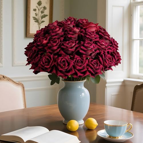 Ttranewsoo 36PCS Bulk Burgundy Artificial Flowers, Black Red Fake Roses with Stems for Fall Wedding Centerpieces, Autumn Events, Thanksgiving & Table Decor, 16.5 Inch - Image 5
