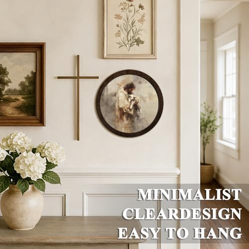 CFFJLHN Vintage Christian Jesus and Lamb Wall Art Decor, Neutral Religious Jesus Holding Lamb Biblical Round Hanging Wall Decor for Home Bedroom Living Room Church, 10x10 Inch - Image 5