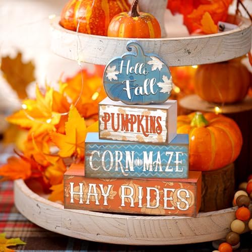 4 Pcs Fall Blue Pumpkin Decor for Home Hello Fall Wooden Signs with Blessed - Image 6