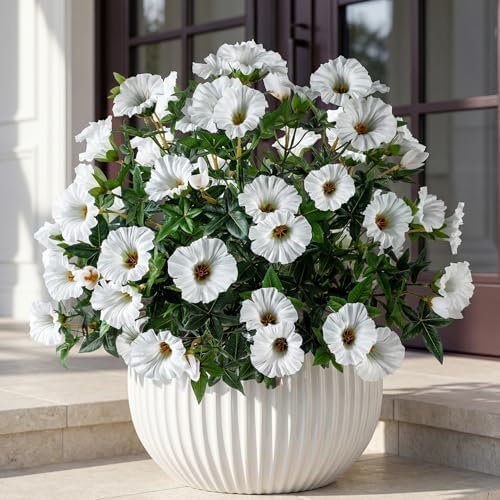 White Artificial Morning Glory Flowers for Outdoor Planters, UV Resistant Silk Faux Flowers for Hanging Basket, Porch & Window Box, Lifelike Farmhouse Garden Decor, No Pot, 13.3 Inch, 4 Bundles by UqueetenLtd