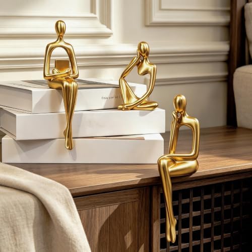 Prettidecor Gold Home Decor Thinker Statue Accents, Set of 3 Thinker Sculptures Office Decor Modern Abstract Resin Decoration on Shelf Table Desk for Living Room Office Bedroom (Small Gold) by Prettidecor