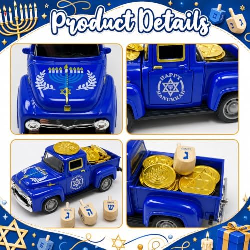 Hanukkah Truck Decor with 3 Wooden Dreidels and Gold Gelt Coins, 5.7-Inch - Image 5
