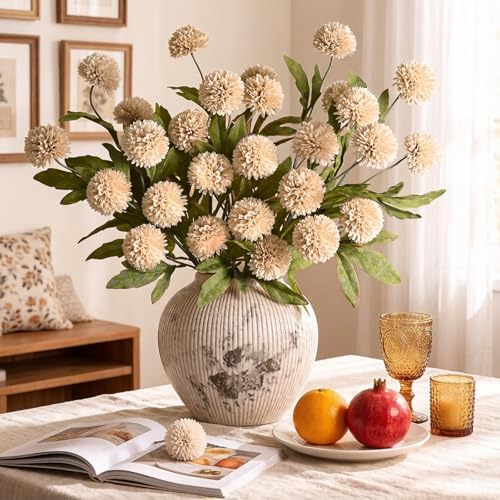 Waipfaru 12 Pcs Artificial Pompon Mums Faux Flowers for Vase, 27" Bulk Long Floral Fake Chrysanth Branches with Stems Vase Filler for DIY Bouquet Centerpieces, Indoor Home Decorations, No vase, Beige - Image 6