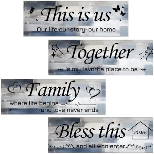 Lnond 4 Pieces Blue and Grey Abstract Living Room Wall Decor, Motivational Home Family Rustic Wall Art Decor for Bedroom Living Room, Rustic Wooden Farmhouse Home Decor, 12 x 4 Inch by Lnond