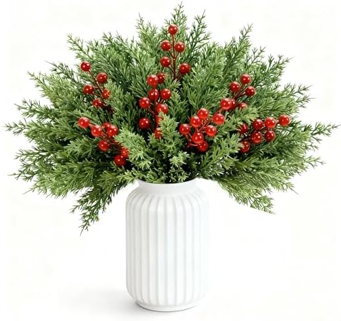 50 Pcs Christmas Artificial Pine Branches with Red Berry Stems - 10.5" Faux Greenery Norfolk Pine Fake Cedar Pine Needles Picks for Wreaths Craft DIY Garlands Home Decor by Unknown