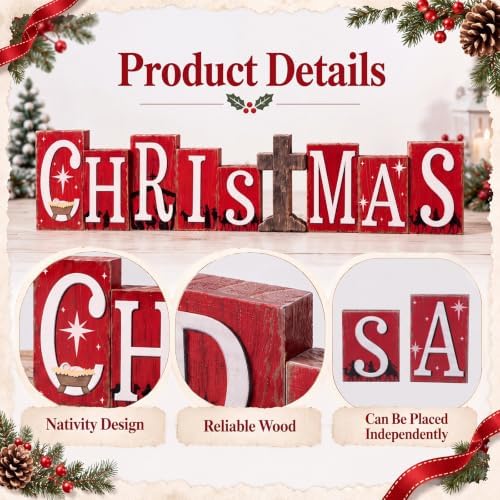 Threehoney 9 Pcs Nativity Christmas Wood Block, Rustic Christmas Sign Decor - Image 3