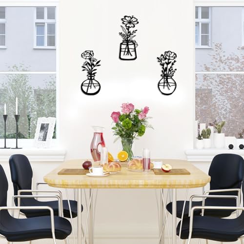 ARTINME 3 Pieces Metal Flowers Wall Arts - Rustic Farmhouse Decor Minimalist Flower Wall Decors for Living Room Bathroom Kitchen Bedroom Dining Room - Housewarming Gifts (Black) - Image 3