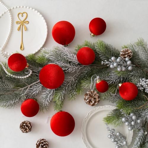 Velvet Christmas Ball Ornaments - 30pcs Flocked Christmas Ornaments Set Shatterproof Classic Hanging Xmas Tree Decorations with Rope for Wreath Holiday Home Decor (Red) - Image 3