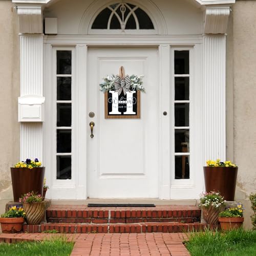 Ultra Large 14'' Last Name All Year Round Front Door Wreath with 26 Initial Letter Welcome Sign All Seasons Eucalyptus Garland and Bow Wreaths for Front Door Porch Farmhouse Decoration (H) - Image 3