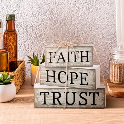 CroBlissful 4 Pcs Farmhouse Wooden Table Decor Christian Tiered Tray Decorations Rustic Religious Gift Block Sign Faith Hope Trust Table Centerpiece for Home Kitchen Living Room Shelf Mantle - Image 2