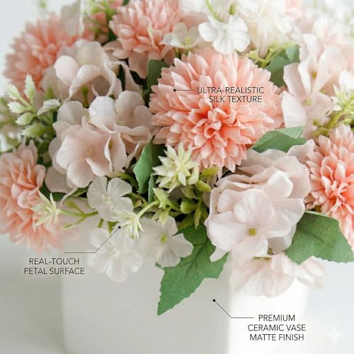 TKAS Fake Flowers Arrangement in Ceramic Vase, Artificial Faux Silk Hydrangea, Small Realistic Dried-Style Floral Centerpiece for Dining Table, Wedding Party Home Decoration (Champagne) - Image 2
