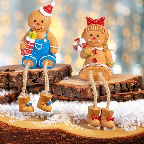 Dazzle Bright Christmas Figurines, Set of 2 Resin Gingerbread Man Sitters with Dangling Legs, Xmas Table Fireplace Shelf Sitters Decorations Sitting Figurines Ornament for Indoor Home Decor - Image 5