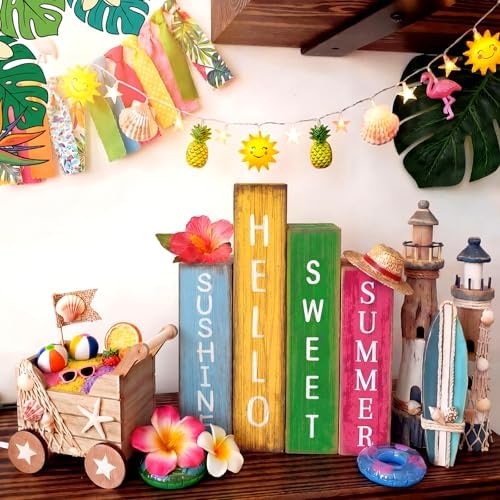 Lineshading 4 Pcs Summer Table Decoration Wooden Book Hawaii Beach Sign - Image 2