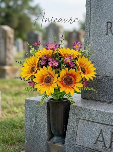 Artificial Sunflower Bouquet with Wildflowers, Silk Fall Cemetery Flowers Arrangement for Vase, Faux Sunflowers Table Centerpiece for Home Kitchen Office Wedding Party Grave Decor - Image 4