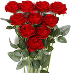 10pcs Red Roses Artificial Flowers Fake Rose Bouquet with Stem Silk Flower by JUSTOYOUARTIFICIALFLORAL