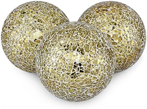 MDLUU 4" Decorative Orbs, Mosaic Sphere Balls, Centerpiece Balls for Bowls, Vases, Dining Table Decor, Pack of 3 (Gold) by MDLUU