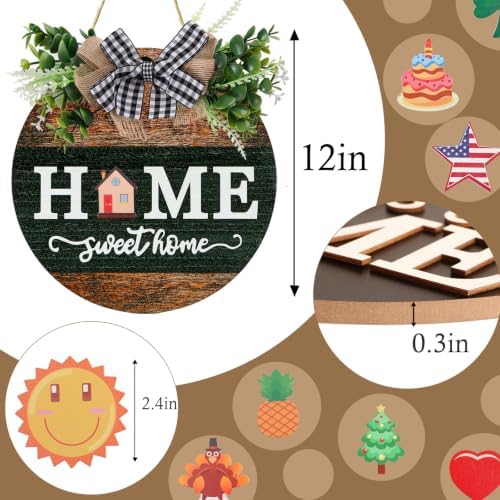 Interchangeable Welcome Sign for Front Door with 4 Seasonal Wreath and 14 Changeable Icons, Home Sweet Home for Spring Summer Fall Winter All Seasons Holiday, Rustic Round Wood Wreath Door Decoration - Image 4
